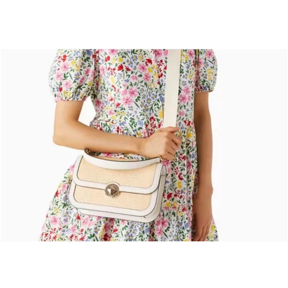 Kate Spade Audrey Flap crossbody White leather handle shoulder bag Straw Wicker